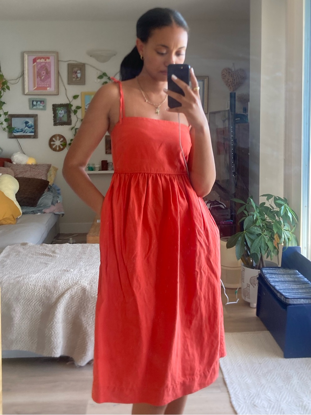 Uniqlo Red Tie-Shoulder Linen Blend Midi Dressed